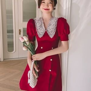 Elegant Red Lace Collar Dress